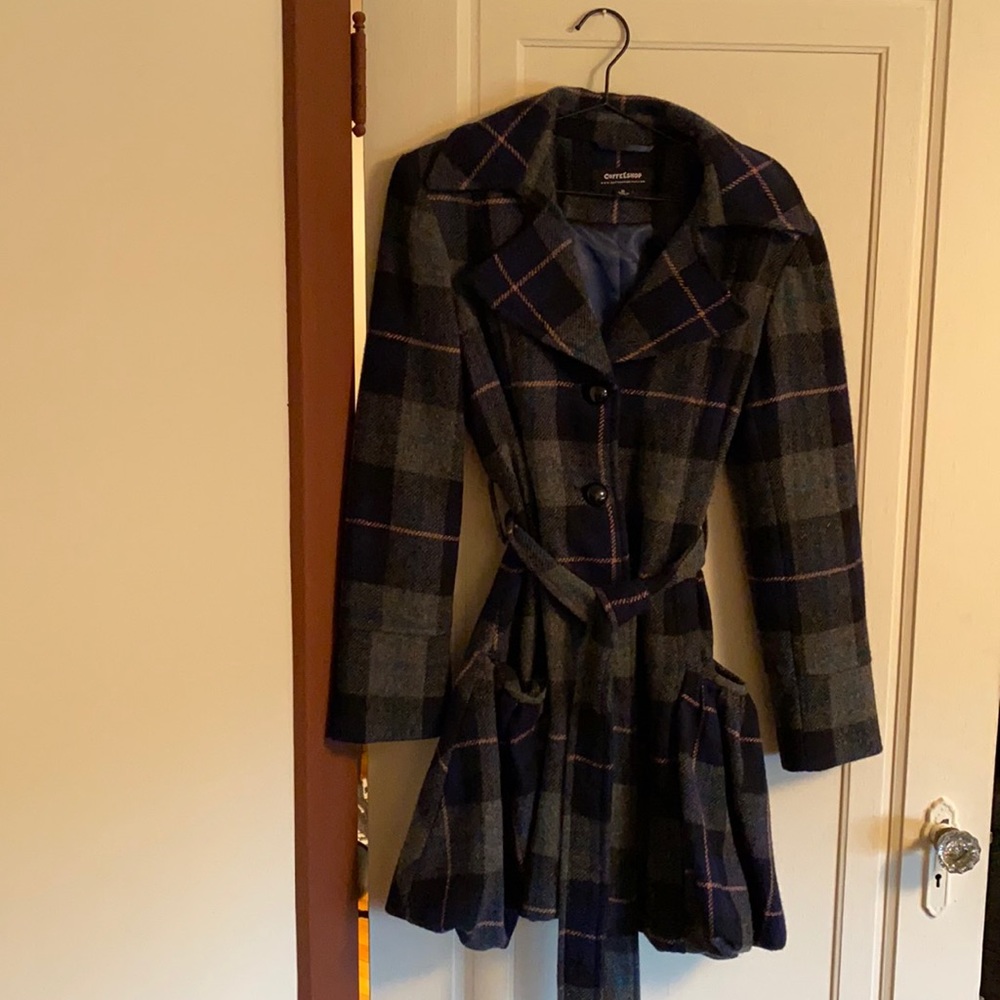 COFFEESHOP PLAID WOOL PEA COAT WITH RUFFLE SKIRT BOTTOM SIZE XL